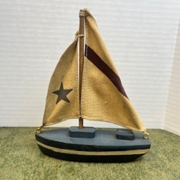 The Unbranded Brand Other - Vintage Wooden Sailboat Model Nautical Decor Blue Black Hull Star Fabric Sails
